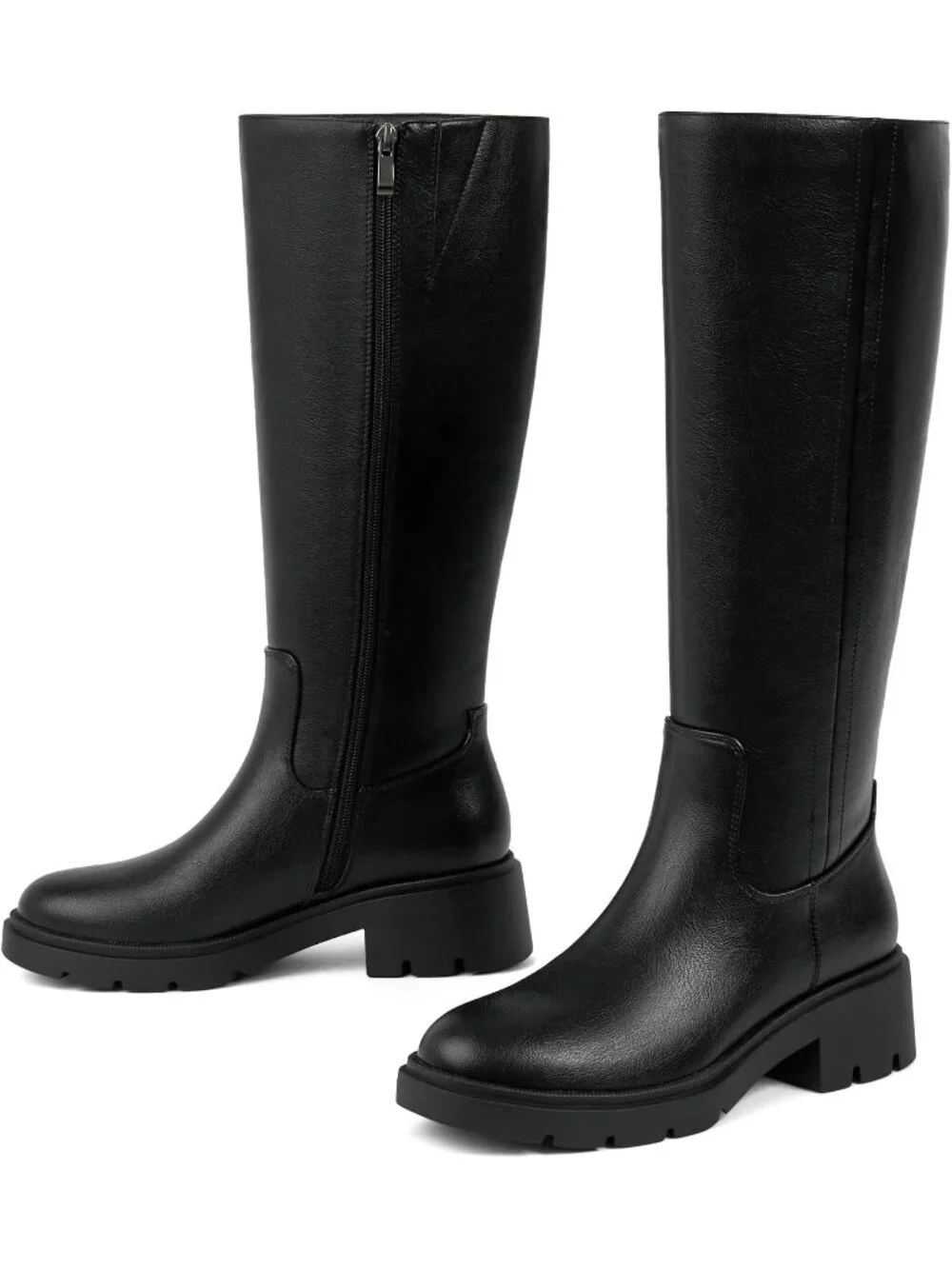 Women's Black Faux Leather Wide Calf Round Toe Low Heel with Side Zipper Boots
